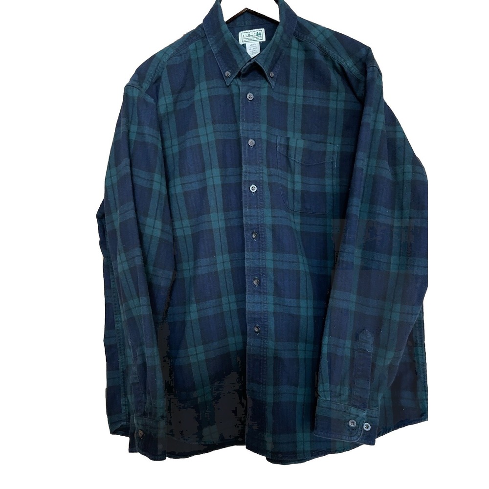 LL Bean Flannel Shirt Mens XL Green Blue Button Up Scotch Plaid Long Sleeve
